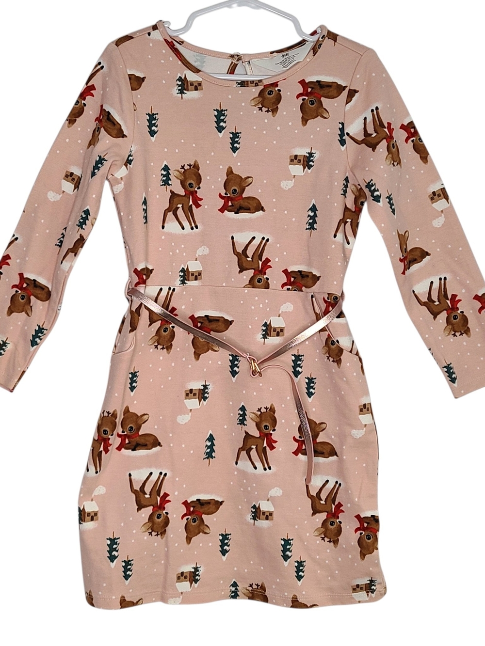 H&M Pink Reindeer Christmas Holiday Long Sleeve Dress Size 5T 6 Removable Belt